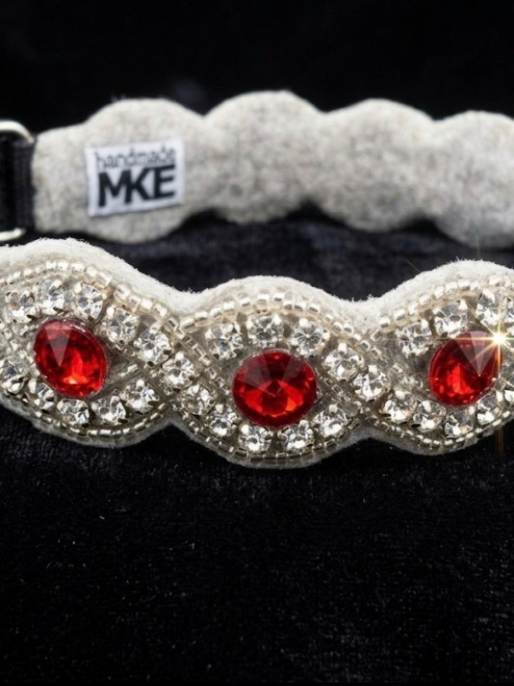 Beige Dog Collar with Red Gem Accents